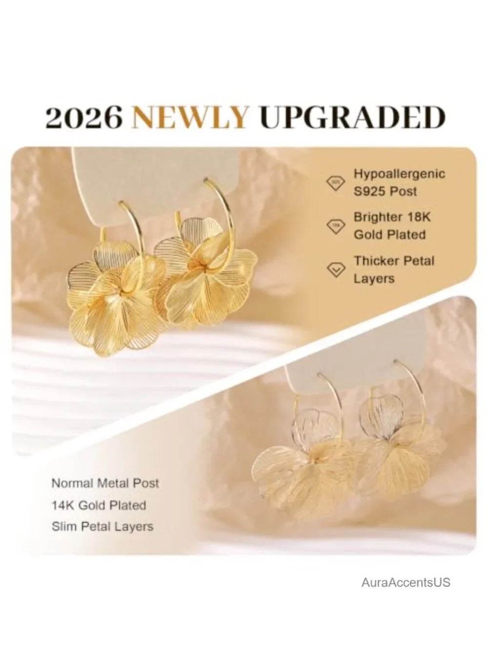 Dangle Flower Earrings for Women - 925 Sterling Silver Post 18K Gold Plated